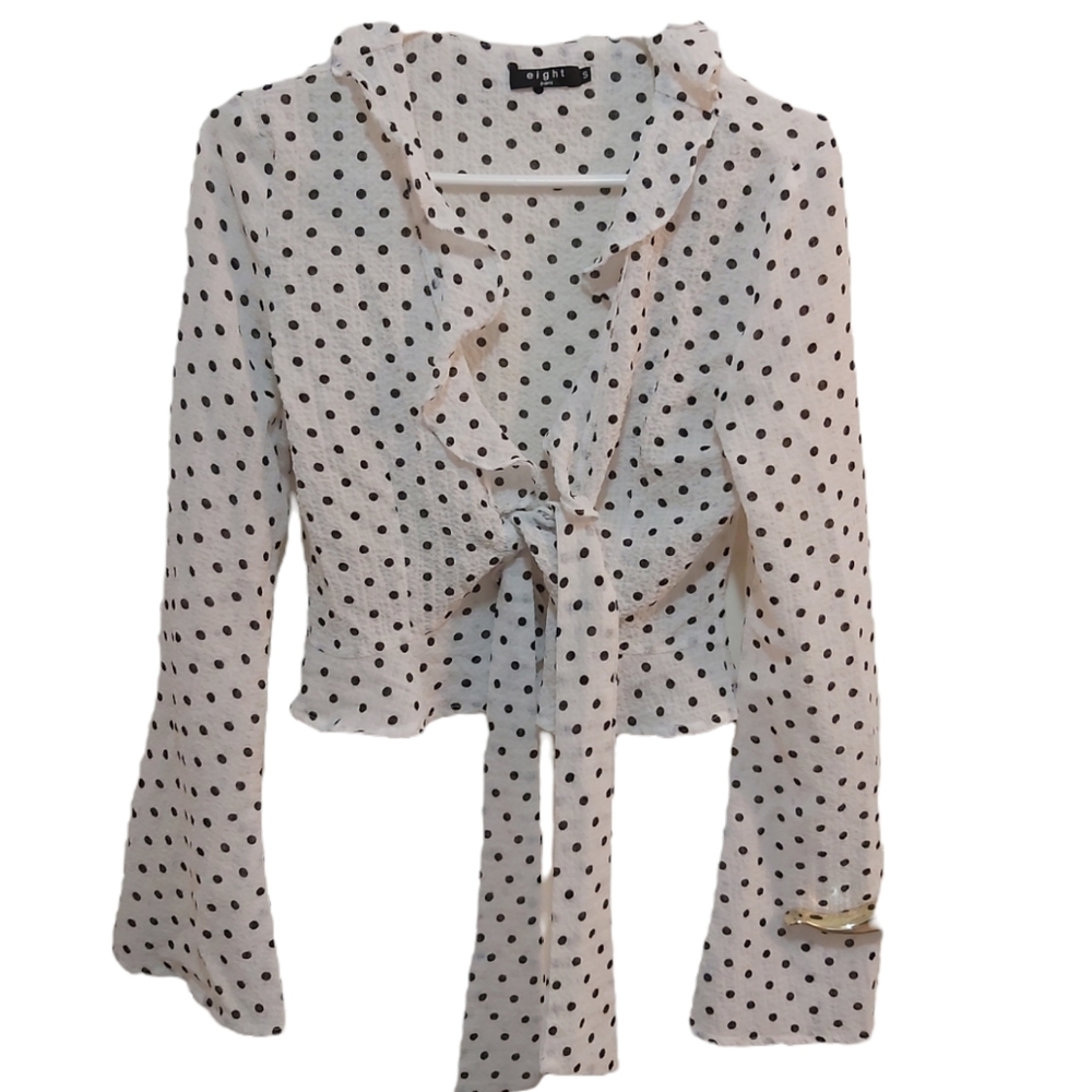 Eight Paris White and Black Polka Dotted Tied Longsleeved Top Size Small (S)